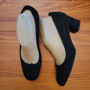 Stuart Weitzman 8M Suede Black Velvet Leather Block Heels‎ Formal Glam Shoes